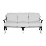 Outdoor sofa frontal view showing three white cushions on black aluminum frame