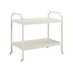 White metal Blake Bar Cart with two removable shelves, cut-edge handles, and acrylic caster wheels