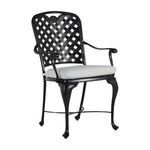 Provance Ancient Earth Aluminum Arm Chair with black lattice back and white cushion in classic outdoor dining chair style