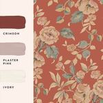 Color swatches for Alyworth Trail wallpaper including crimson, plaster pink, and ivory shades