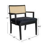 Front-left angle of Bramblewood Arm Chair showing dimensions: 31 inches tall, 22 inches deep, 24 inches wide, seat height ...