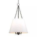 Burdett 8 Light Pendant with white tapered drum shade suspended by dark metal chains and central rod