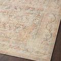 Angled close-up of rug surface showing vintage-inspired apricot and beige worn pattern and texture