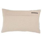 Back view of the pillow showing beige fabric with brand label tag on corner