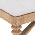 Close-up of Lawrence Bench corner showing textured Frosted Alabaster cushion and detailed cerused oak grain