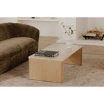 Modern living room setting with coffee table on carpet next to curved plush sofa