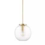Bay Ridge small globe pendant light with clear ribbed glass and brushed brass rod and canopy