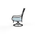 Side view showing chair's curved armrests and slim profile with light blue seat cushion