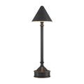 Traipse lamp shown from slight side angle revealing overall shape and bronze detailing