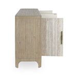 Sideboard buffet side with one door open exposing thickness and bronze handle detail