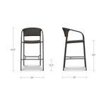 Front and side views of Zola Outdoor Bar Stool with measurements for height, width, and seat height