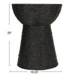Front view of black handwoven accent table with dimensions 20 inches height and 16.25 inches width