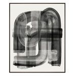 Abstract painting with bold black overlapping brush strokes on a white background in a slim black frame