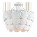 Side view of chandelier highlighting round metal frame and hanging chain attachment