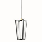Edgemere Pendant centered in room with white background, showing illuminated alabaster panels and brass mounting detail