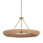 Ring chandelier with woven abaca shade and Patina Gold Leaf metal supports in a clean geometric silhouette