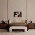Verity bench viewed frontally in a bedroom setting with paneled walls and matching nightstands
