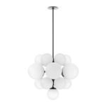 Full side profile of the Nova Chandelier with black suspension rod and clustered glass spheres