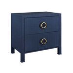 Edelman Side Table angled view highlighting navy blue textured surface and brass ring pulls
