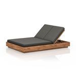 Kinta Modern Outdoor Charcoal Double Chaise with charcoal cushions and natural wood base, both backrests angled upright