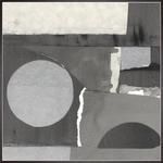 Abstract painting with geometric shapes in shades of gray, black, and white with torn paper texture