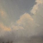 Close crop on the upper cloud formations with soft blending of warm and cool gray-blue tones