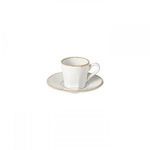 Luzia ceramic stoneware coffee cup and saucer set in cloud white with beige rim detail, 8-ounce capacity