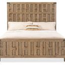 Front view showing full headboard and footboard with bed dressed in light beige linens
