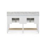 Rear view of Sienna table with marble top and backsplash showing plumbing cutouts and woven lower shelf
