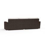 Back view of Montecito Sofa showing rich Cognac resin wicker weave without cushions