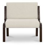 Armless accent chair with textured cream upholstery and dark glossy ash wood frame in mid-century style