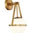 Polson sconce side angled view showing depth of brass arm and globe profile