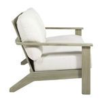 Side profile of Ashland Teak Sofa showing angled backrest and teak armrest detail
