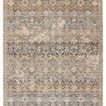 Long rectangular transitional rug with distressed floral and trellis patterns in gray, cream, blue, gold, and beige