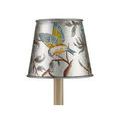 Tapered chandelier shade with hand-painted bird and branch motif on shimmering silver finish