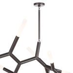 Close-up of the chandelier's ceiling mount and adjustable suspension rod in matte black finish
