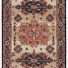 Traditional hand-tufted rug with center medallion in cream, dusty rose, deep blue, and beige with Turkish motifs