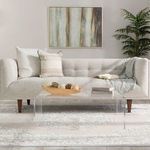 Rug beneath clear acrylic coffee table and light gray sofa with cushions and throw