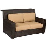 Montecito Love Seat Bar in warm brown woven HDPE with tan cushions and modern outdoor design