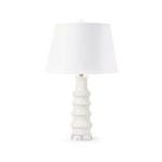 Jesse Lamp with wavy glazed ceramic base in cloud nine white and white fabric shade, clear acrylic pedestal base