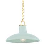 Pottersville Pendant with muted green ceramic shade and gold chain suspension in mid-century style