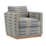 Allie Swivel Chair angled left showing depth of seat and arm height with same striped fabric and wooden base