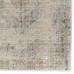 Zoomed view of rug edge highlighting intricate border and woven pattern in taupe and blue hues