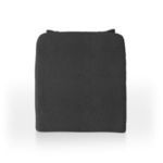 Close-up on dark boucle fabric with icons showcasing eco-friendly and machine washable features