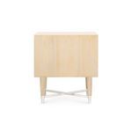 Back view showing solid wood panel and metal leg caps with crossbar support of the Adrian side table