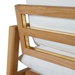 Close-up of upper back wood frame with inset brass trim detail on Monterey Loveseat