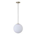 12-inch Sol pendant light with frosted white glass globe and antique brass fittings suspended by black cord