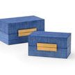 Set of two rectangular raffia-covered boxes in blue with gold leaf textured hardware accents