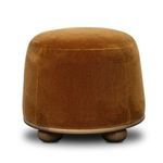 Rounded Bilbury Ottoman with plush rust-colored upholstery and wooden base with ball-shaped legs