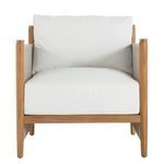 Frontal view with white cushions against beige rope sides and teak frame